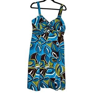 NWT Dress Barn Blue Green Brown dress Built In Bra Women's Size 12 Smocking back